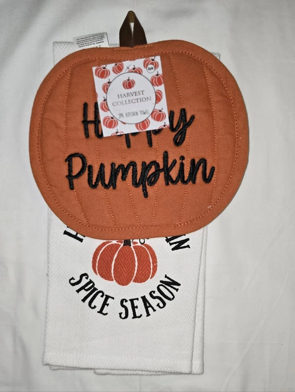 4pc Happy Pumpkin Orange Autumn Kitchen Set - Mug, Potholder & Towel